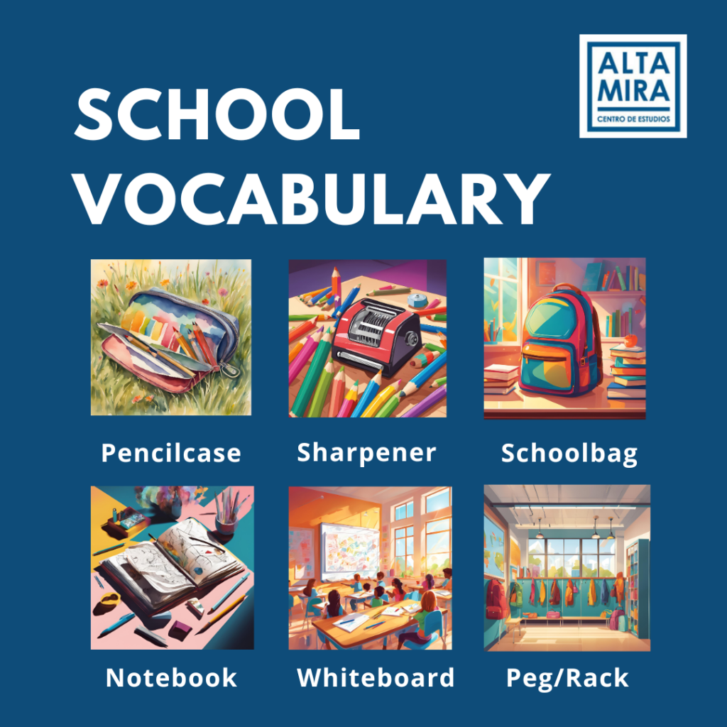 Vocabulario escolar en inglés con objetos del aula como estuche, sacapuntas, mochila, cuaderno, pizarra y perchero.